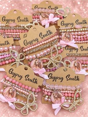 Dolly Pink Beaded Bracelet Stacks Bow Charm Bracelet Set